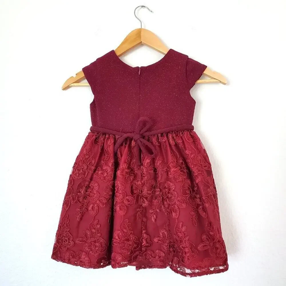Youngland Girls Size 4 Red Glitter Floral Lace Holiday Dress Large Satin Bow
